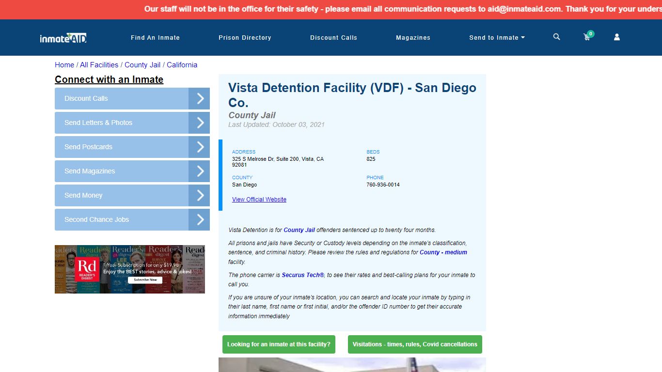 Vista Detention Facility (VDF) - San Diego Co. - Inmate ...